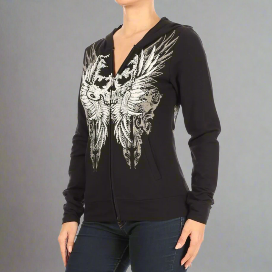 Women's Rhinestone Skull Wing Hoodie - Acid.ca Streetwear