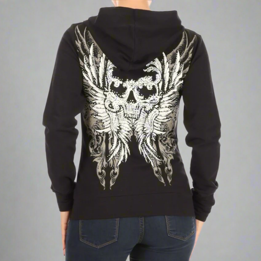 Women's Rhinestone Skull Wing Hoodie - Acid.ca Streetwear